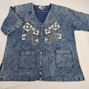 Vtg Acid Wash Jean Shirt Button Gold Bead & Jeweled Pockets Size 22 / 24